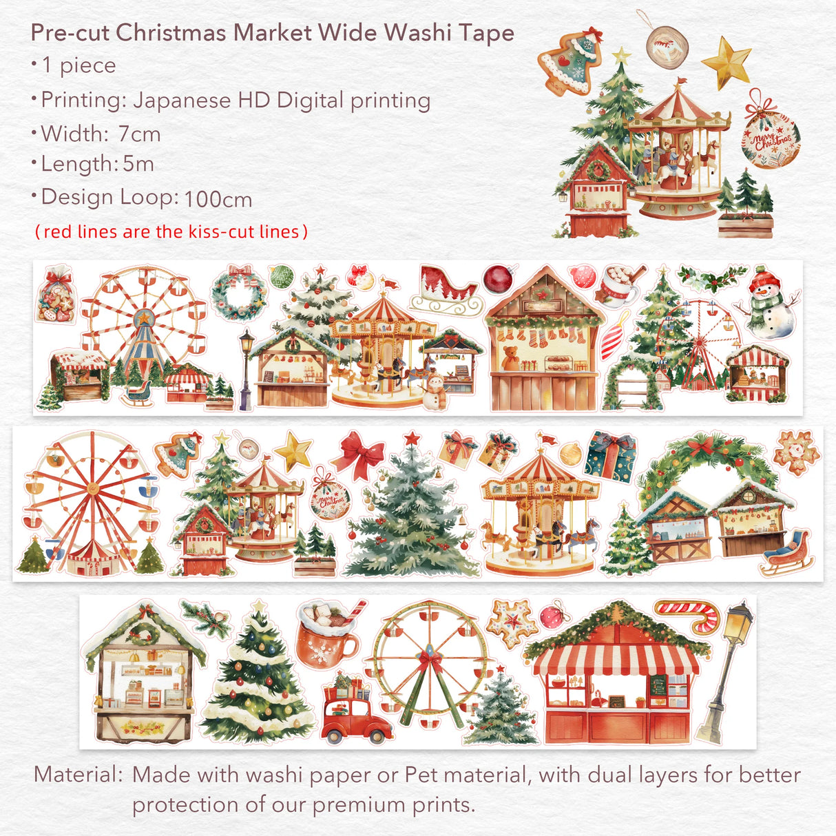 Sticker Washi Tape - Pre-cut - Christmas Market - 70 mm