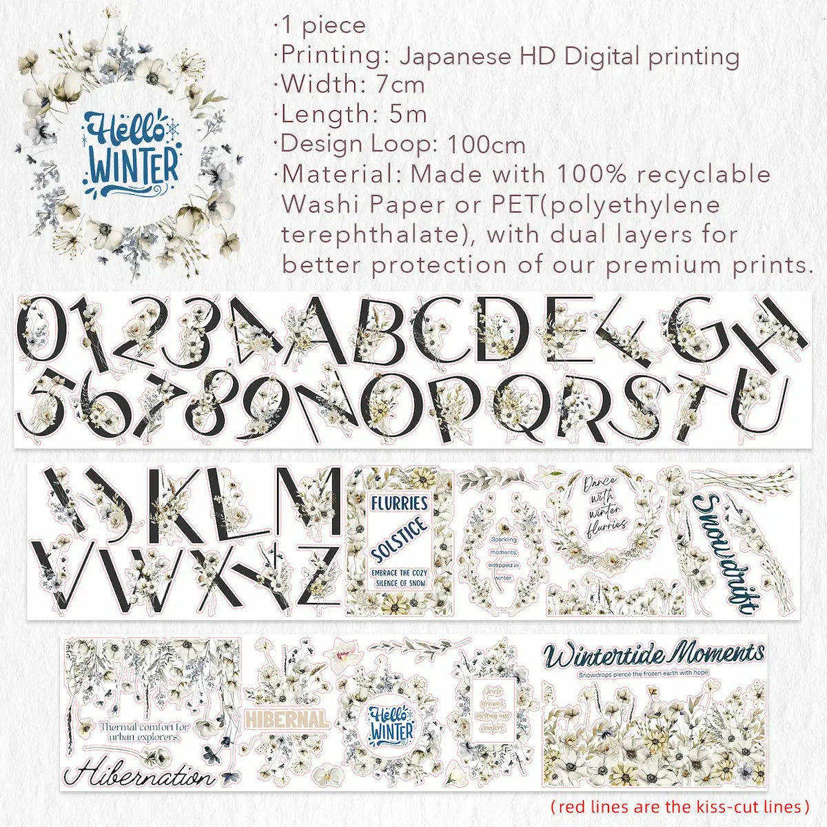 Sticker Washi Tape - Pre-cut - Frosted Letters - 70 mm