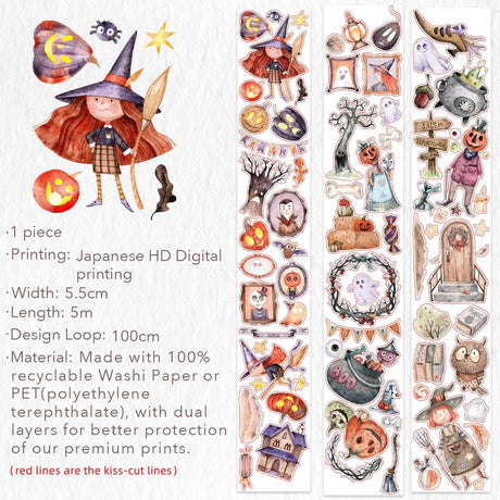 Sticker Washi Tape - Pre-cut - Ghoulish Gathering - 55 mm