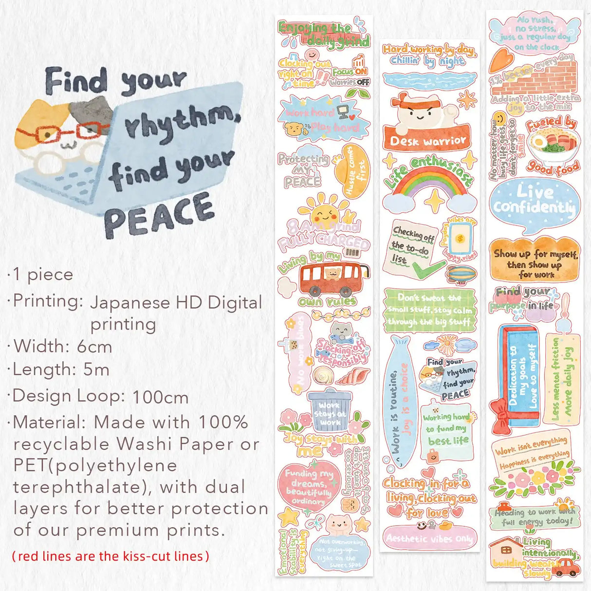 Washi Tape Stickers - Pre-cut - The Confident Mind - 60 mm