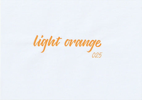 Handskriven text med orden "light orange" i ljus orange färg, skriven med ABT Dual Brush Pen i nyansen 025 Light Orange.