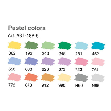 Swatches på de 18 pastellfärger i ABT Dual brush pen 18-pack - Pastel colors  från Tombow - Tidformera