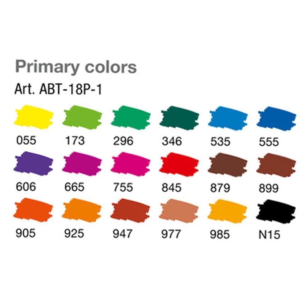 Swatches på de 18 färgerna på penselpennor i ABT Dual brush pen 18-pack - Primary colors från Tombow - Tidformera