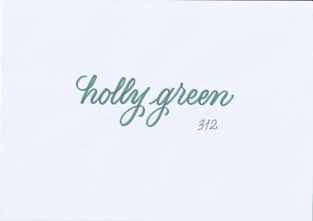 Handskriven text med orden "holly green" i grön färg, skriven med ABT Dual Brush Pen i nyansen 312 Holly Green.