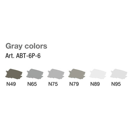 6st gråa swatches med ABT Dual Brush pen 6 - pack - Grey colors från Tombow - Tidformera