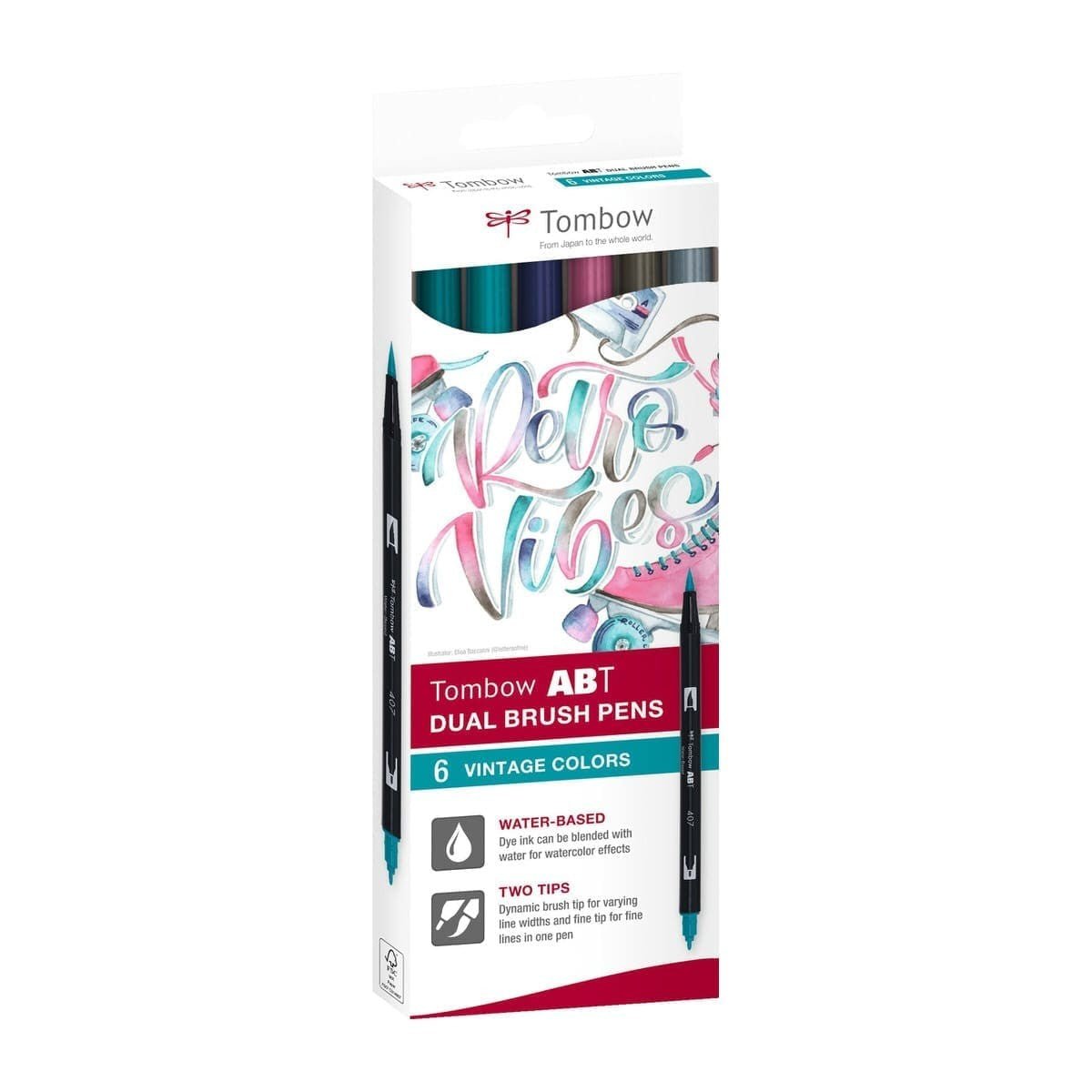 Förpackning med 6 penselpennor - ABT Dual Brush pen 6 - pack - Vintage colors från Tombow - Tidformera