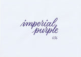 Handskriven text med ordet "imperial purple" i lila färg, skriven med ABT Dual Brush Pen i nyansen 636 Imperial Purple.