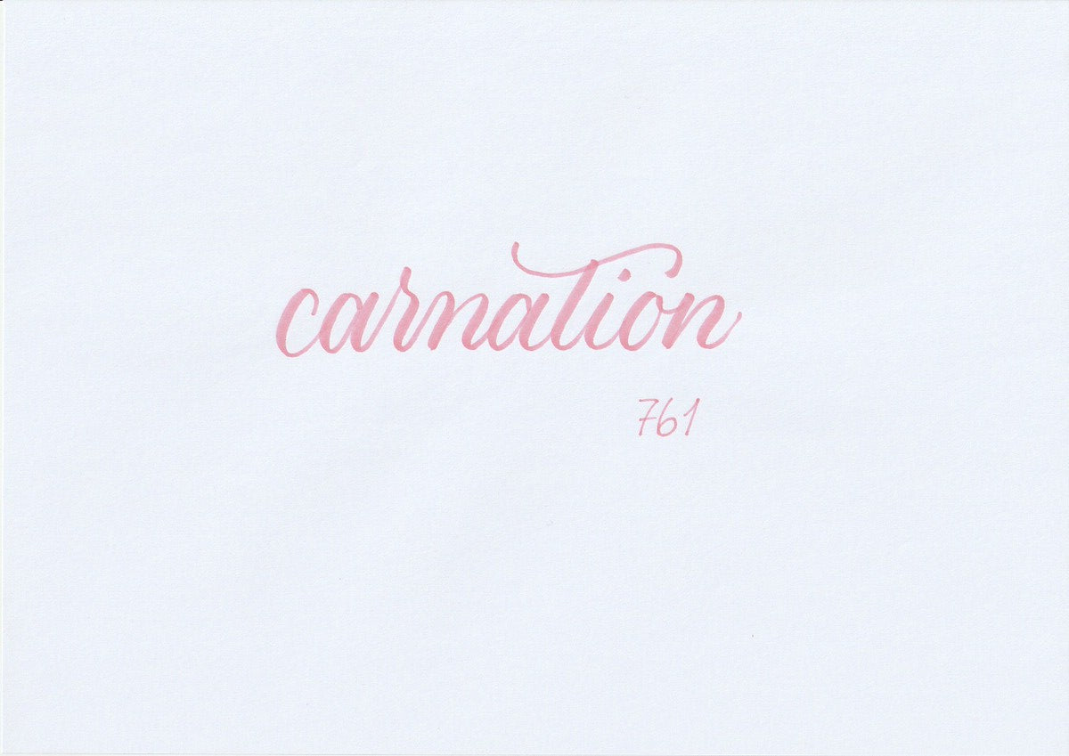 Handskriven text med ordet "carnation" i nejlikerosa färg, skriven med ABT Dual Brush Pen i nyansen 761 Carnation.