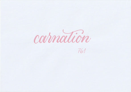 Handskriven text med ordet "carnation" i nejlikerosa färg, skriven med ABT Dual Brush Pen i nyansen 761 Carnation.