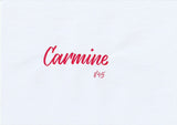 Handskriven text med ordet "Carmine" i karminröd färg, skriven med ABT Dual Brush Pen i nyansen 845 Carmine.