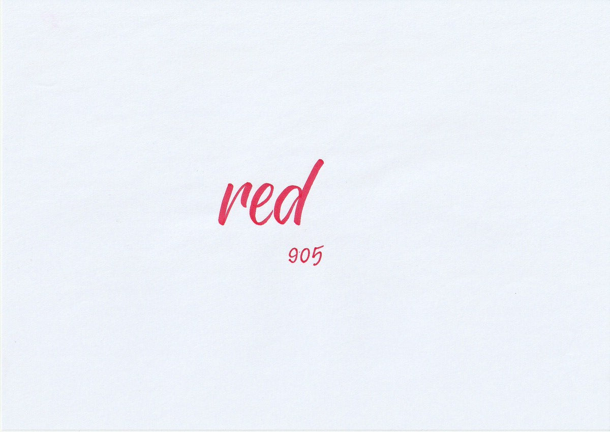 Handskriven text med ordet "red" i röd färg, skriven med ABT Dual Brush Pen i nyansen 90 Red.