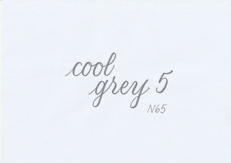 Handskriven text med orden "cool grey 5" i kall grå färg, skriven med ABT Dual Brush Pen i nyansen N65 Cool Grey 5.