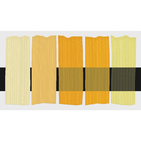 Tri-Art Arylide Yellow Deep, fem färgprover med originalfärgen i mitten samt blandningar med vitt och gelmedium.