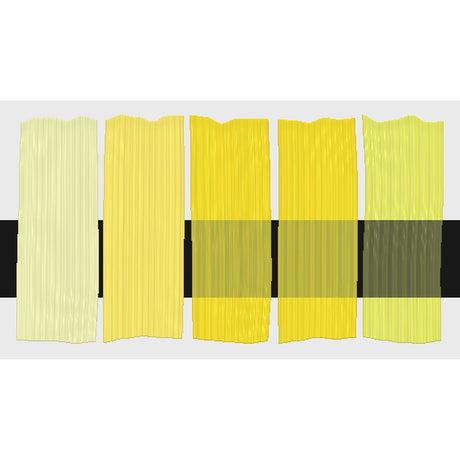 Tri-Art Arylide Yellow Light, fem färgprover med originalfärgen i mitten samt blandningar med vitt och gelmedium.