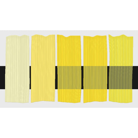 Tri-Art Arylide Yellow Medium, fem färgprover med originalfärgen i mitten samt blandningar med vitt och gelmedium.