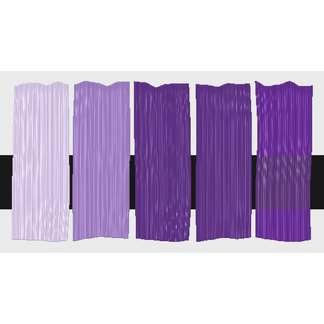 Tri-Art Brilliant Purple, fem färgprover med originalfärgen i mitten samt blandningar med vitt och gelmedium.