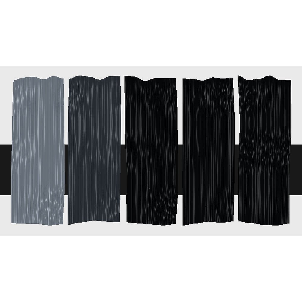Tri-Art Carbon Black, fem färgprover med originalfärgen i mitten samt blandningar med vitt och gelmedium.
