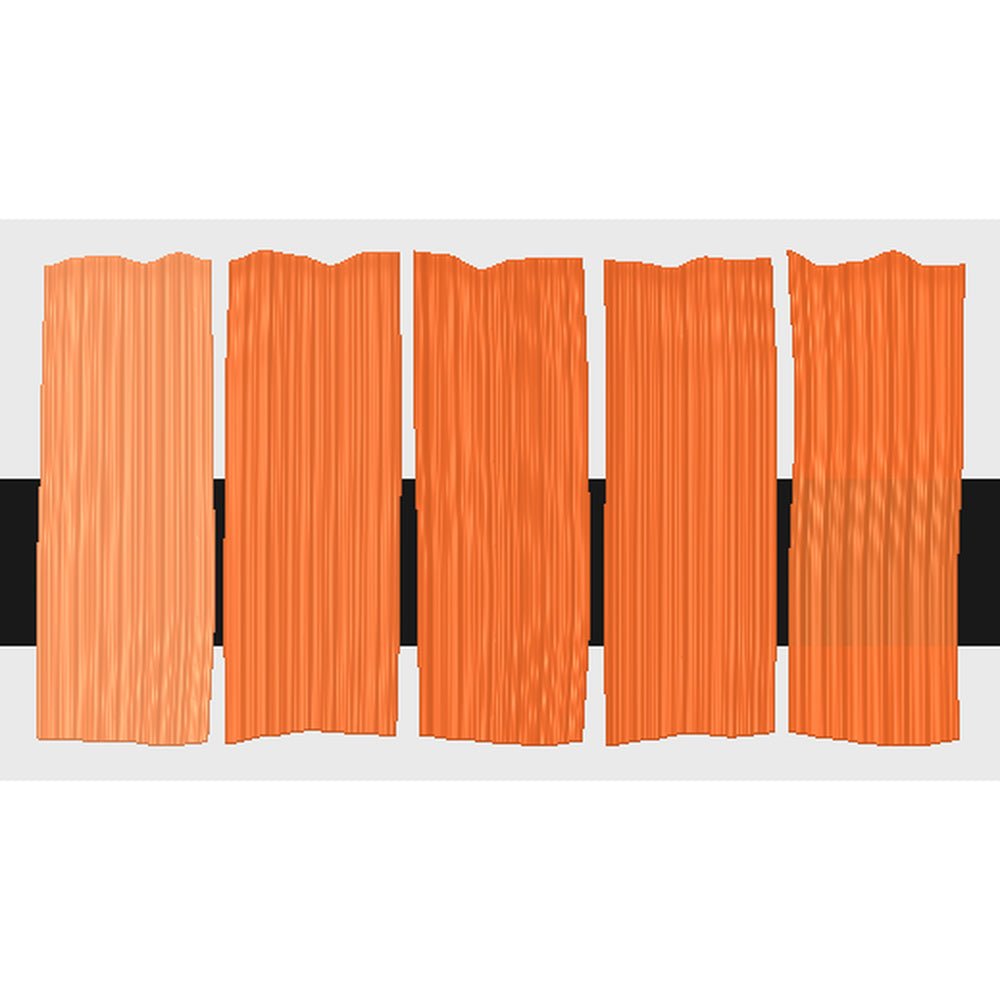 Tri-Art C.P. Cadmium Orange, fem färgprover med originalfärgen i mitten samt blandningar med vitt och gelmedium.