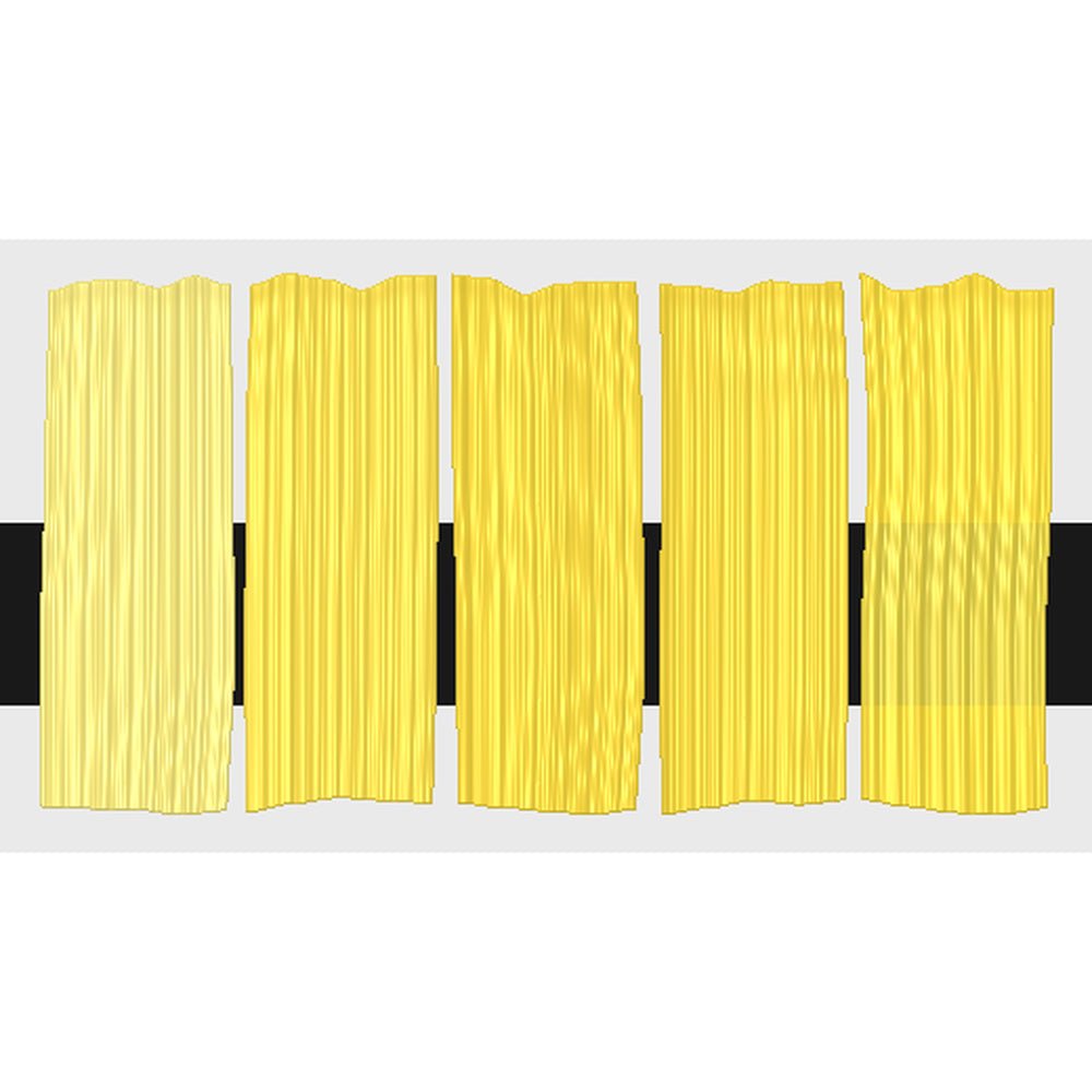 Tri-Art C.P. Cadmium Yellow Light, fem färgprover med originalfärgen i mitten samt blandningar med vitt och gelmedium.