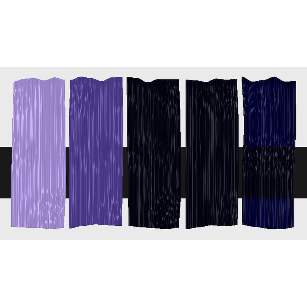 Tri-Art Dioxazine Violet, fem färgprover med originalfärgen i mitten samt blandningar med vitt och gelmedium.