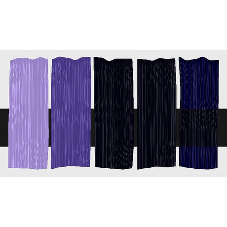 Tri-Art Dioxazine Violet, fem färgprover med originalfärgen i mitten samt blandningar med vitt och gelmedium.