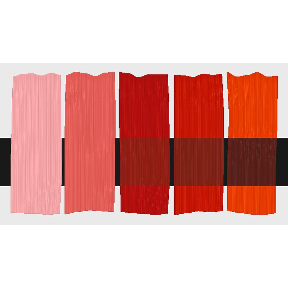 Tri-Art Naphthol Red Medium, fem färgprover med originalfärgen i mitten samt blandningar med vitt och gelmedium.