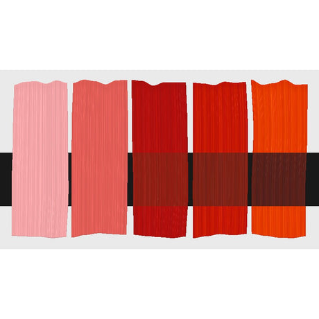Tri-Art Naphthol Red Medium, fem färgprover med originalfärgen i mitten samt blandningar med vitt och gelmedium.