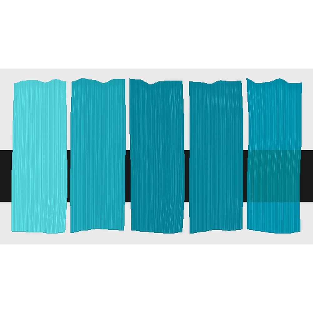 Tri-Art Phthalo Turquoise Light, fem färgprover med originalfärgen i mitten samt blandningar med vitt och gelmedium.