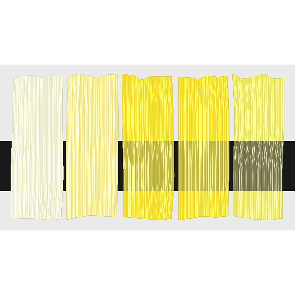 Tri-Art Primary Yellow, fem färgprover med originalfärgen i mitten samt blandningar med vitt och gelmedium.