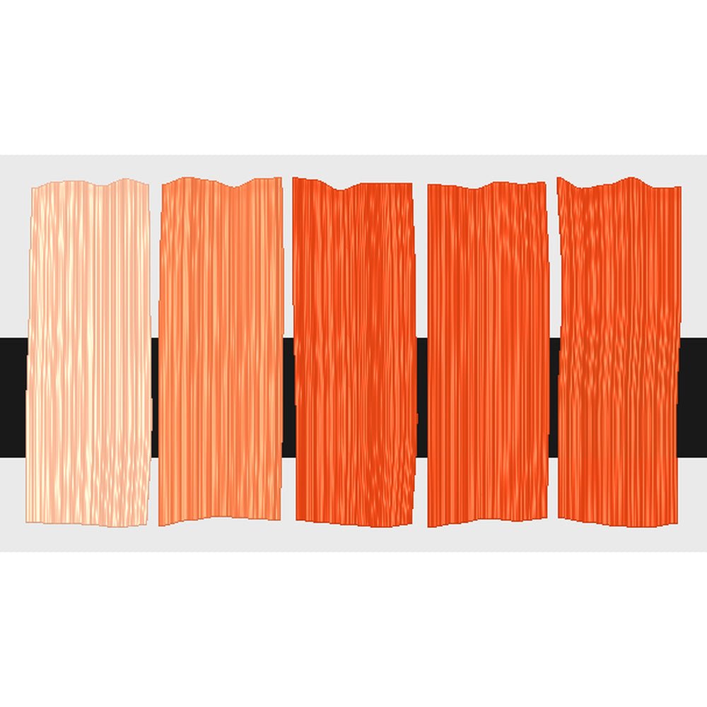 Tri-Art Pyrrole Orange, fem färgprover med originalfärgen i mitten samt blandningar med vitt och gelmedium.