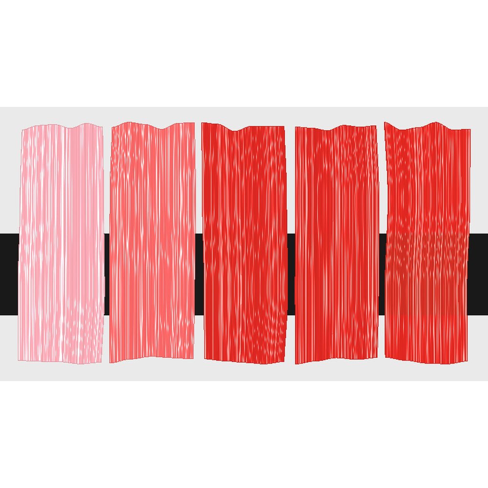 Tri-Art Pyrrole Red Medium, fem färgprover med originalfärgen i mitten samt blandningar med vitt och gelmedium.