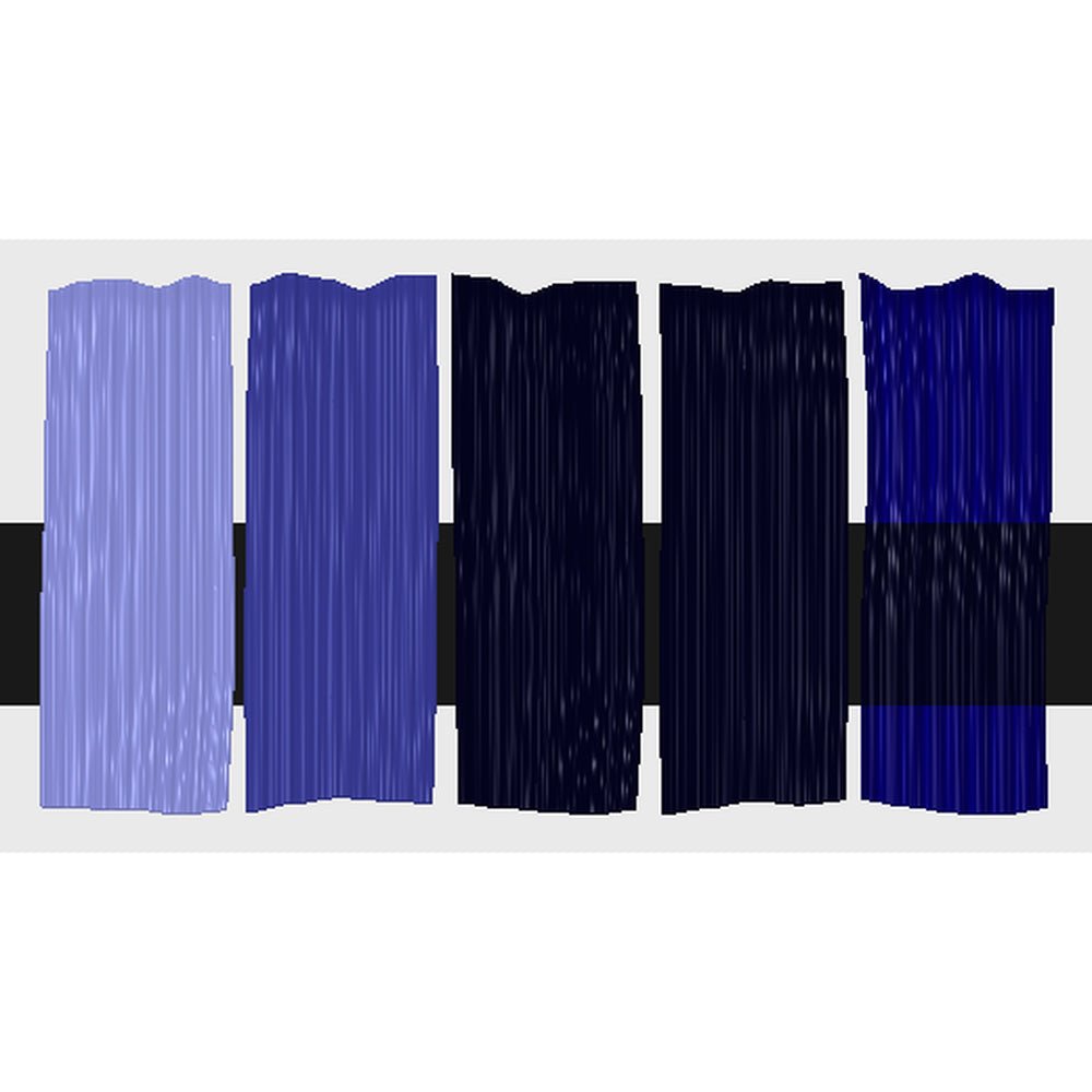 Tri-Art Quiller Violet, fem färgprover med originalfärgen i mitten samt blandningar med vitt och gelmedium.