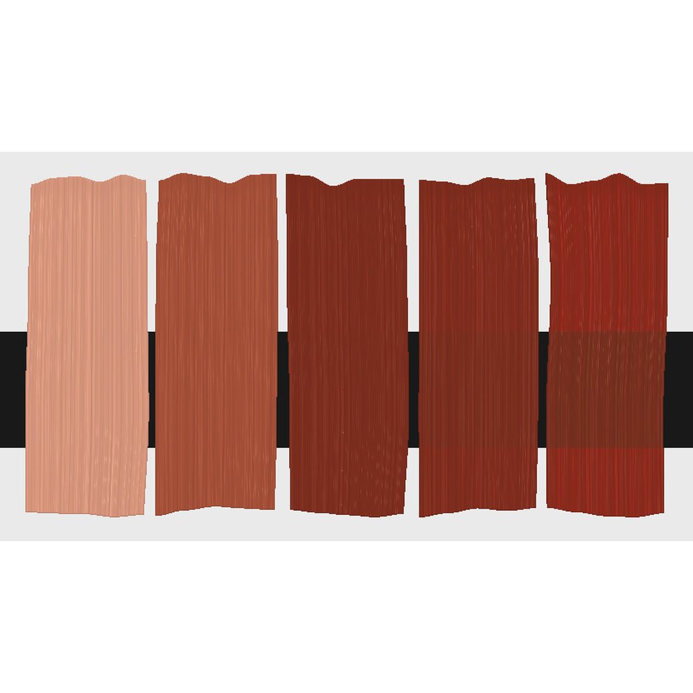 Tri-Art Red Oxide, fem färgprover med originalfärgen i mitten samt blandningar med vitt och gelmedium.