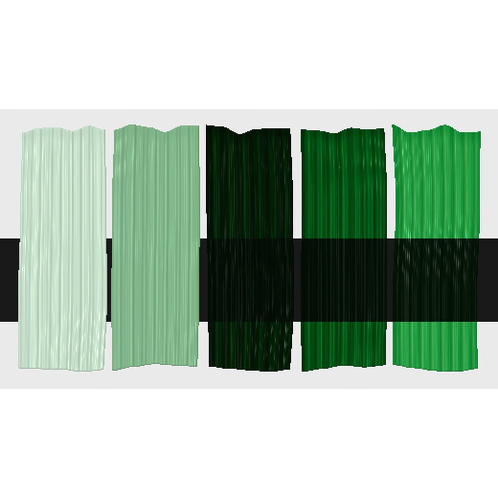 Tri-Art Sap Green Light, fem färgprover med originalfärgen i mitten samt blandningar med vitt och gelmedium.