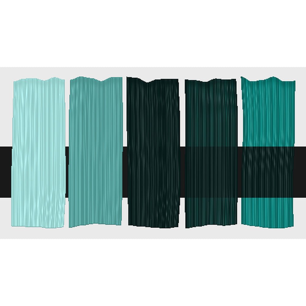 Tri-Art Viridian (Hue), fem färgprover med originalfärgen i mitten samt blandningar med vitt och gelmedium.