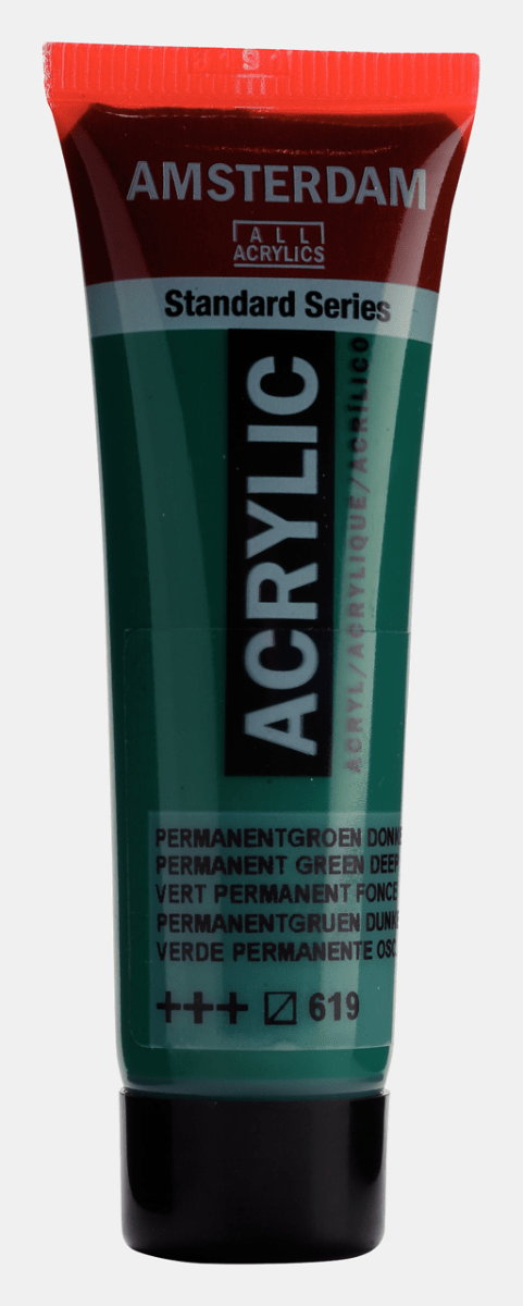Liten tub med mörkgrön Amsterdam Akrylfärg 20 ml 619 Permanent Green Deep från Royal Talens - Tidformera