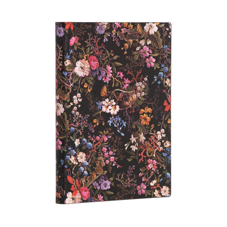 Anteckningsbok Floralia - Midi Linjerad Flexis från Paperblanks. Bokens pärm har färgade blommor på svart botten. - Tidformera