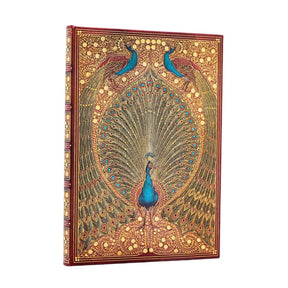 3 prafktfulla påfåglar pruder pärmen på denna anteckningsbok Hafiz's Peacocks - Midi Olinjerad från Paperblanks - Tidformera
