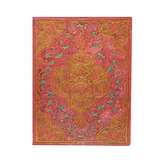 Rosa anteckningsbok Rose Chronicles Ultra Linjerad Flexis från Paperblanks. Boken har en detaljrik guldfärgat mönster med små inslag av grönt.  - Tidformera