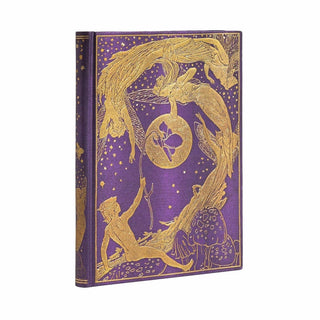 Lila anteckningsbok Violet Fairy - Midi Linjerad Hård pärm Elastiskt band från Paperblanks. På pärmen är det sagotema med guldfärgade féer - Tidformera