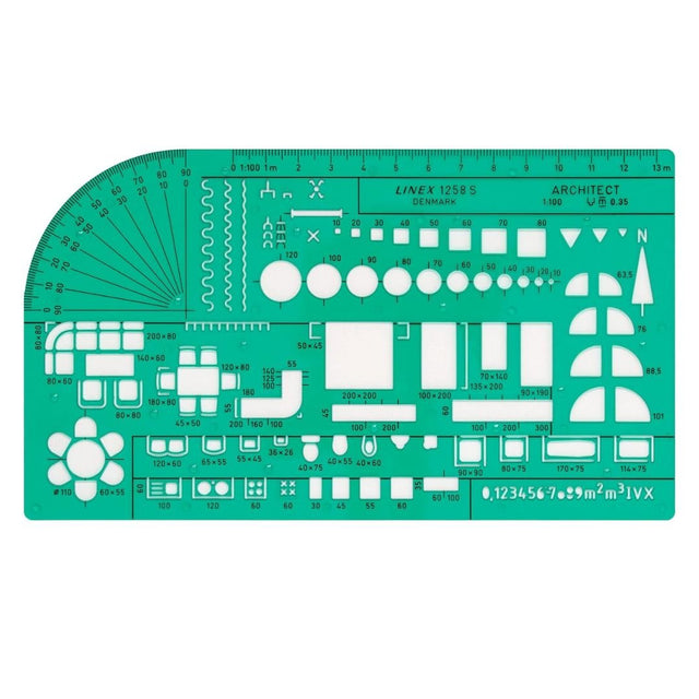 Arkitektschablon 1258S från Linex med rutor, cirklar, grader och andra former som en arkitekt kan behöva. Med tuschknoppar. - Tidformera