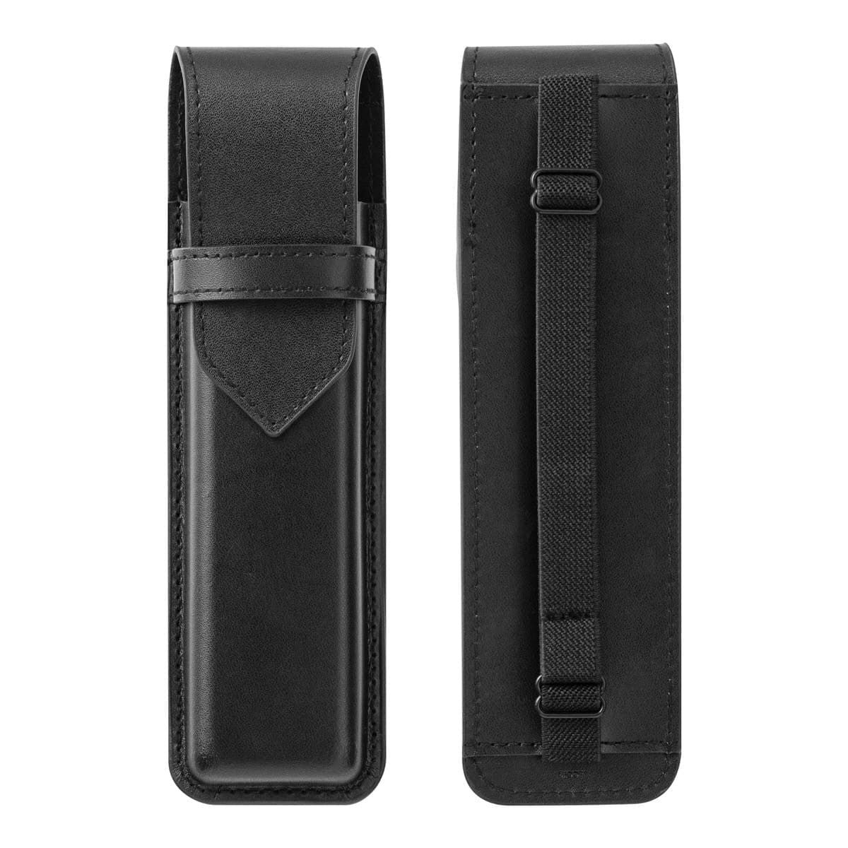 Book band Pen case Recycled leather - Black från Midori. Två svarta pennfodral i läder som visar fram och baksidan. Baksidan finns ett elastiskt band.  - Tidformera