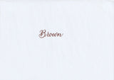 Handskriven text med ordet "Brown" i brun färg, skrivet med Pentel Brush Sign Pen i färgen Brown.