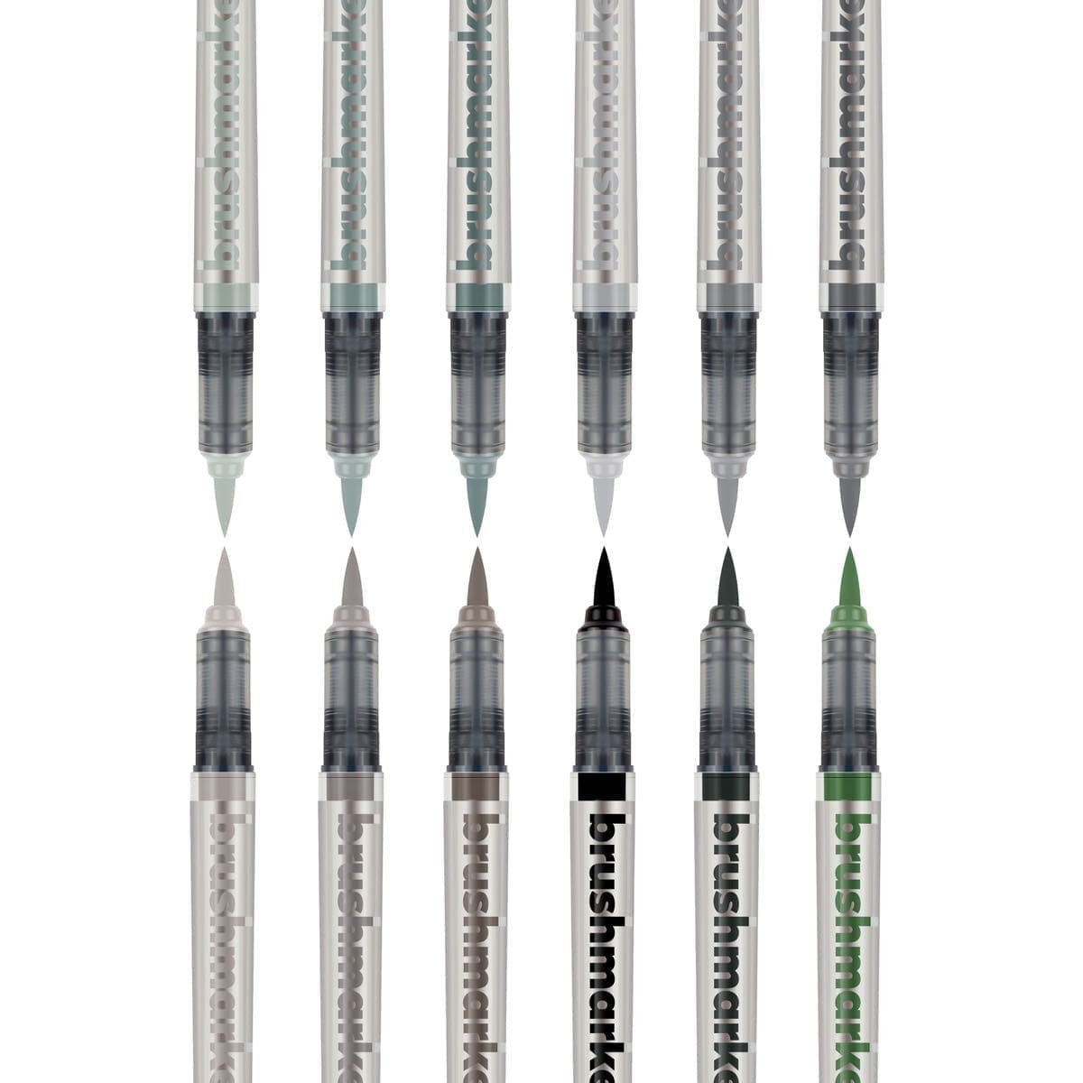 Brushmarker PRO 12 - pack - Grey colors från Karin. 12 penselpennor utan lock. Är i olika nyanser av grått samt en grön - Tidformera