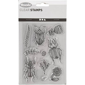 Clear stamps Insekter från Creotime. Förpackning med stämplar som har motiv med skalbaggar och växter. Tidformera