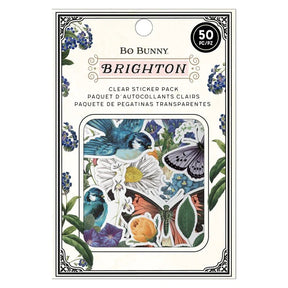 Förpackning med Clear sticker pack Bo Bunny Brighton från American Crafts. Klistermärken med blommor, fjärilar, fåglar.