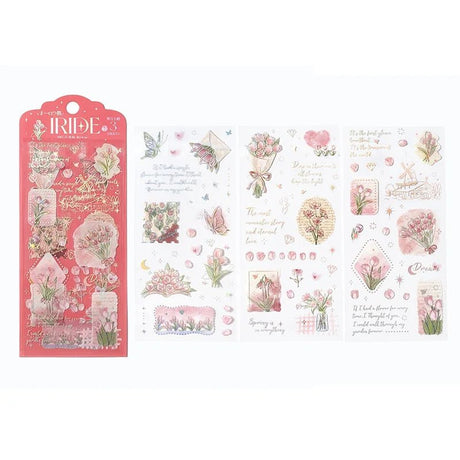 Clear stickers IRIDE 3-pack - Language of Flowers från BGM. Förpackning och tre ark med klistermärken. Klistermärkena är rosa blommor.  - Tidformera