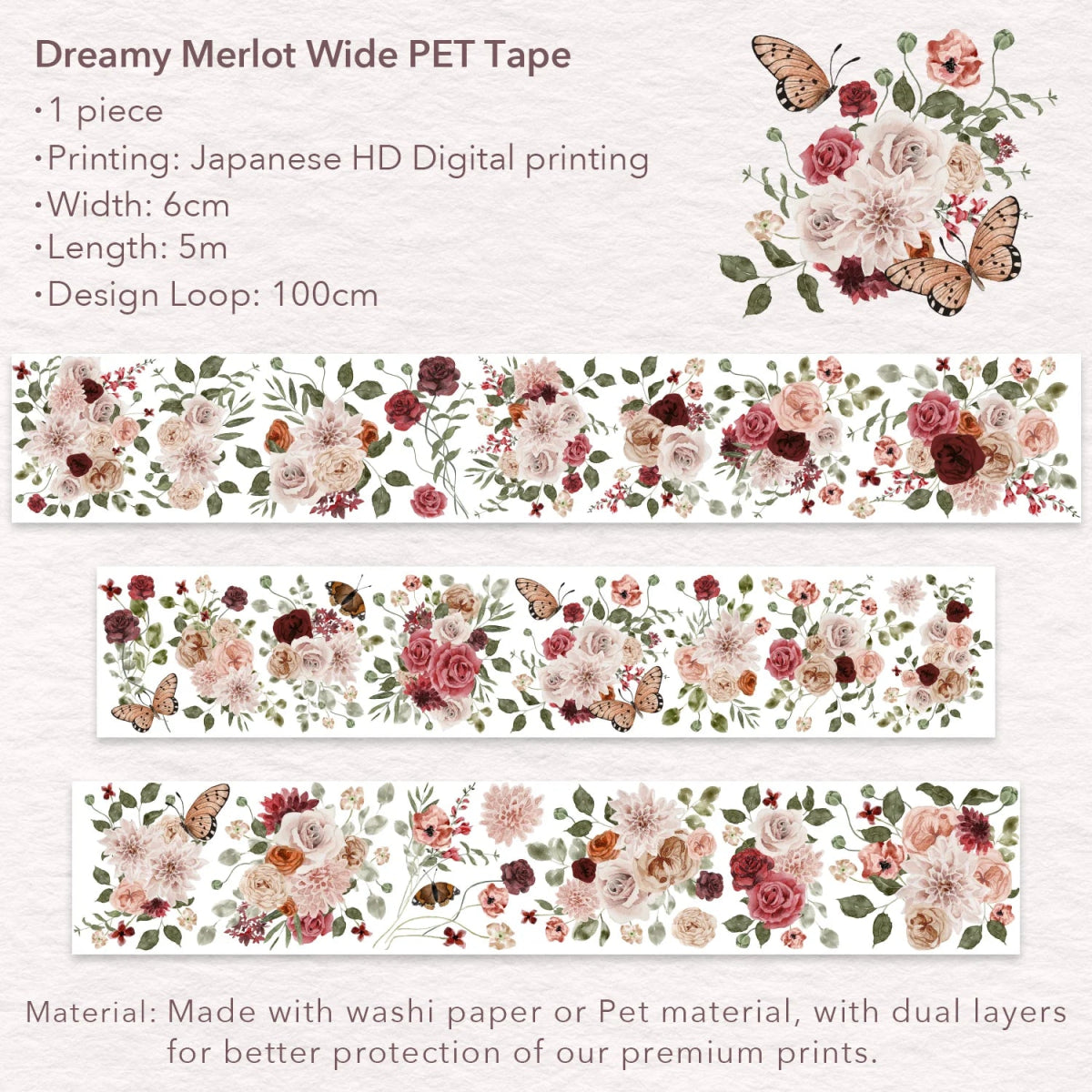 Clear tape Dreamy Merlot Wide PET Tape - 60 mm - Washi Tape Shop - Tidformera