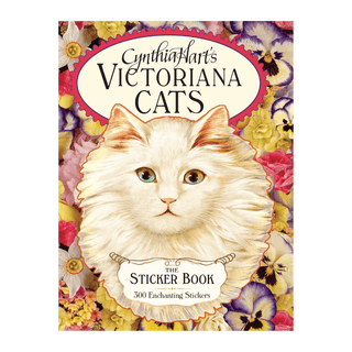 Framsidan på boken Cynthia Hart's Victoriana Cats: The Sticker Book. Stor vit katt. Tidformera