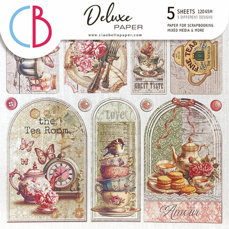 Deluxe Paper 15 x 15 cm - Pearl - Timeless Moments - 5-pack från Ciao Bella. Framsidan av en förpackning med papper. Motiv med tekanna, koppar, kakor och fågel. - Tidformera